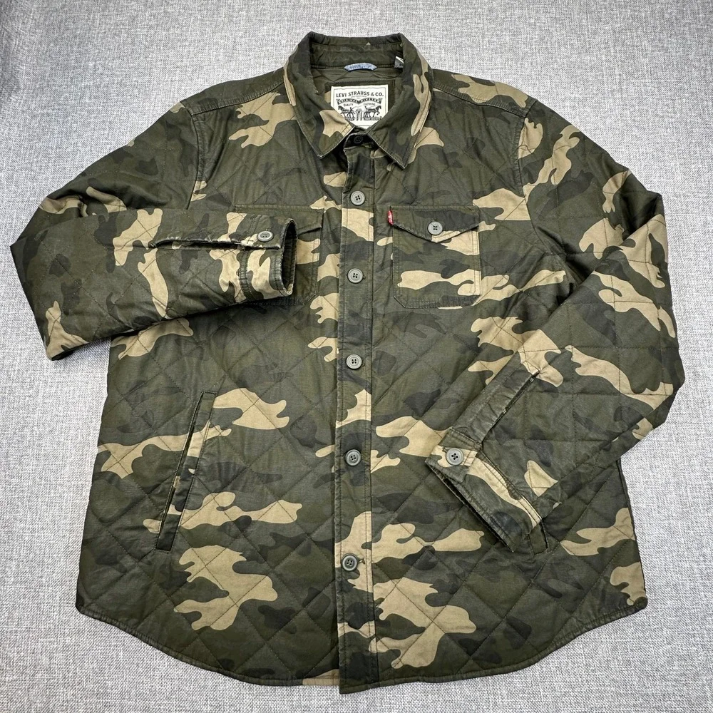 Levi's Cotton Diamond Quilted Shirt Jacket Mens XL Green Camouflage Zip Shacket - Picture 2 of 13